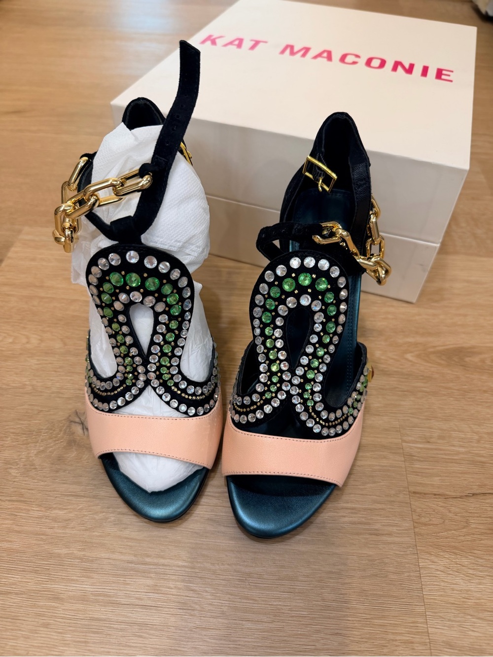Kat Maconie Pink Black Emerald Bejeweled Embellished Evening Sandals